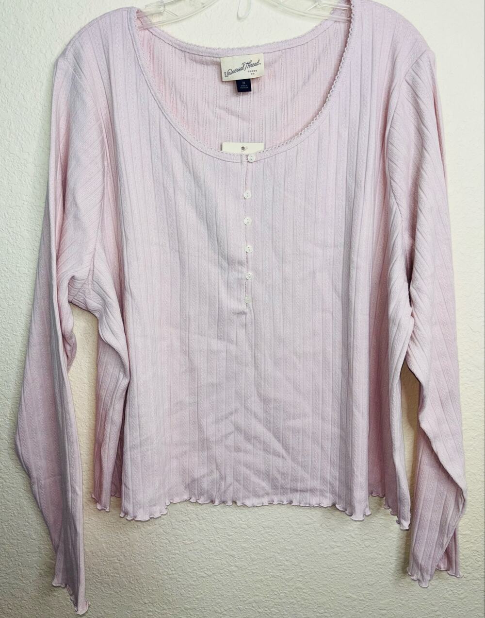 Universal Thread NWT Long Sleeve Pointelle Henley Shirt, Pink, Women 3x